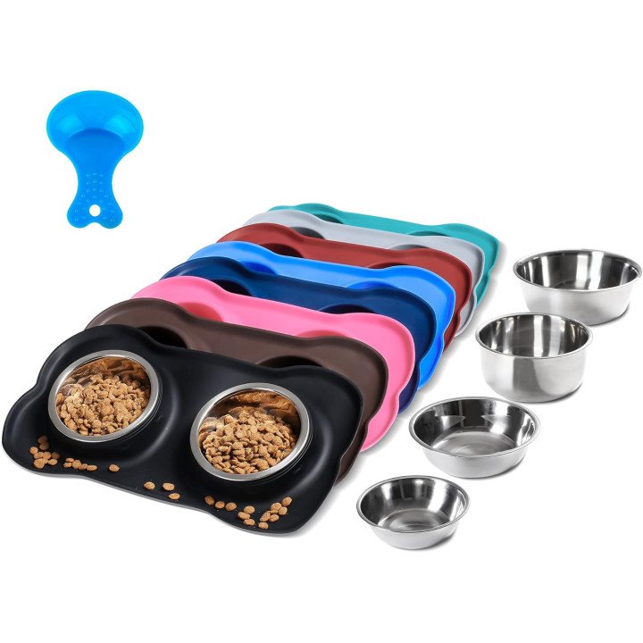 Gamelles Hubulk Double Inox avec Tapis Silicone | Antidérapant Chien & Chat