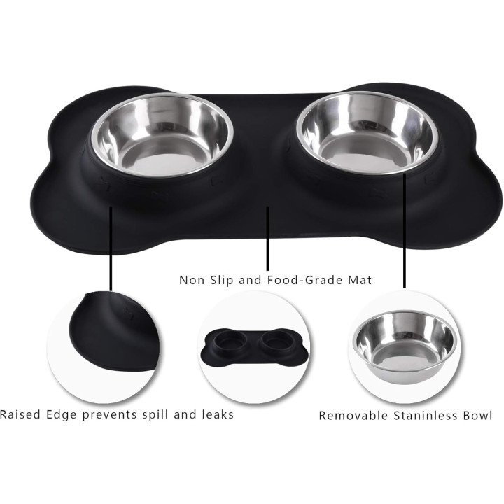 Gamelles Hubulk Double Inox avec Tapis Silicone | Antidérapant Chien & Chat