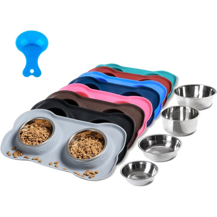 Gamelles Hubulk Double Inox avec Tapis Silicone | Antidérapant Chien & Chat