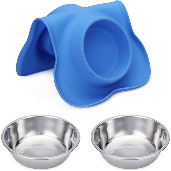 Gamelles Hubulk Double Inox avec Tapis Silicone | Antidérapant Chien & Chat