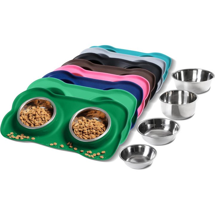 Gamelles Hubulk Double Inox avec Tapis Silicone | Antidérapant Chien & Chat