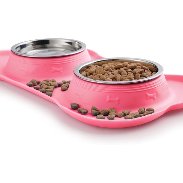 Gamelles Hubulk Double Inox avec Tapis Silicone | Antidérapant Chien & Chat