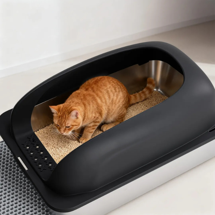 Boîte à Litière Acier Inoxydable pour Chats – Couvercle, Pelle et Tapis