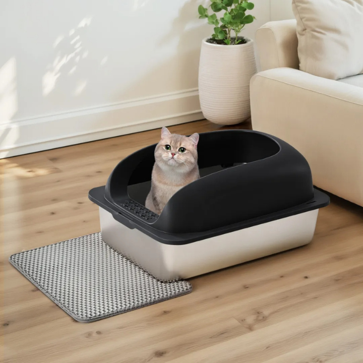 Boîte à Litière Acier Inoxydable pour Chats – Couvercle, Pelle et Tapis