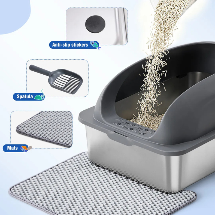 Boîte à Litière Acier Inoxydable pour Chats – Couvercle, Pelle et Tapis