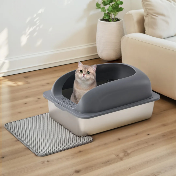 Boîte à Litière Acier Inoxydable pour Chats – Couvercle, Pelle et Tapis