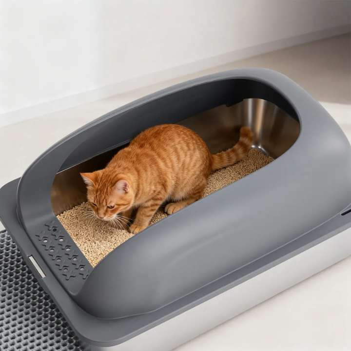 Boîte à Litière Acier Inoxydable pour Chats – Couvercle, Pelle et Tapis