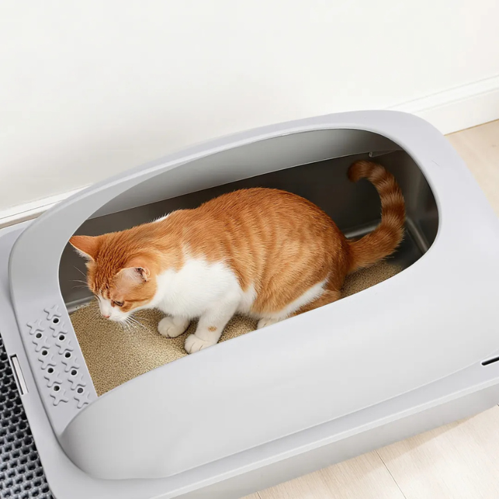 Boîte à Litière Acier Inoxydable pour Chats – Couvercle, Pelle et Tapis