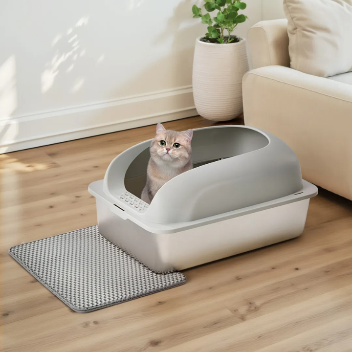 Boîte à Litière Acier Inoxydable pour Chats – Couvercle, Pelle et Tapis